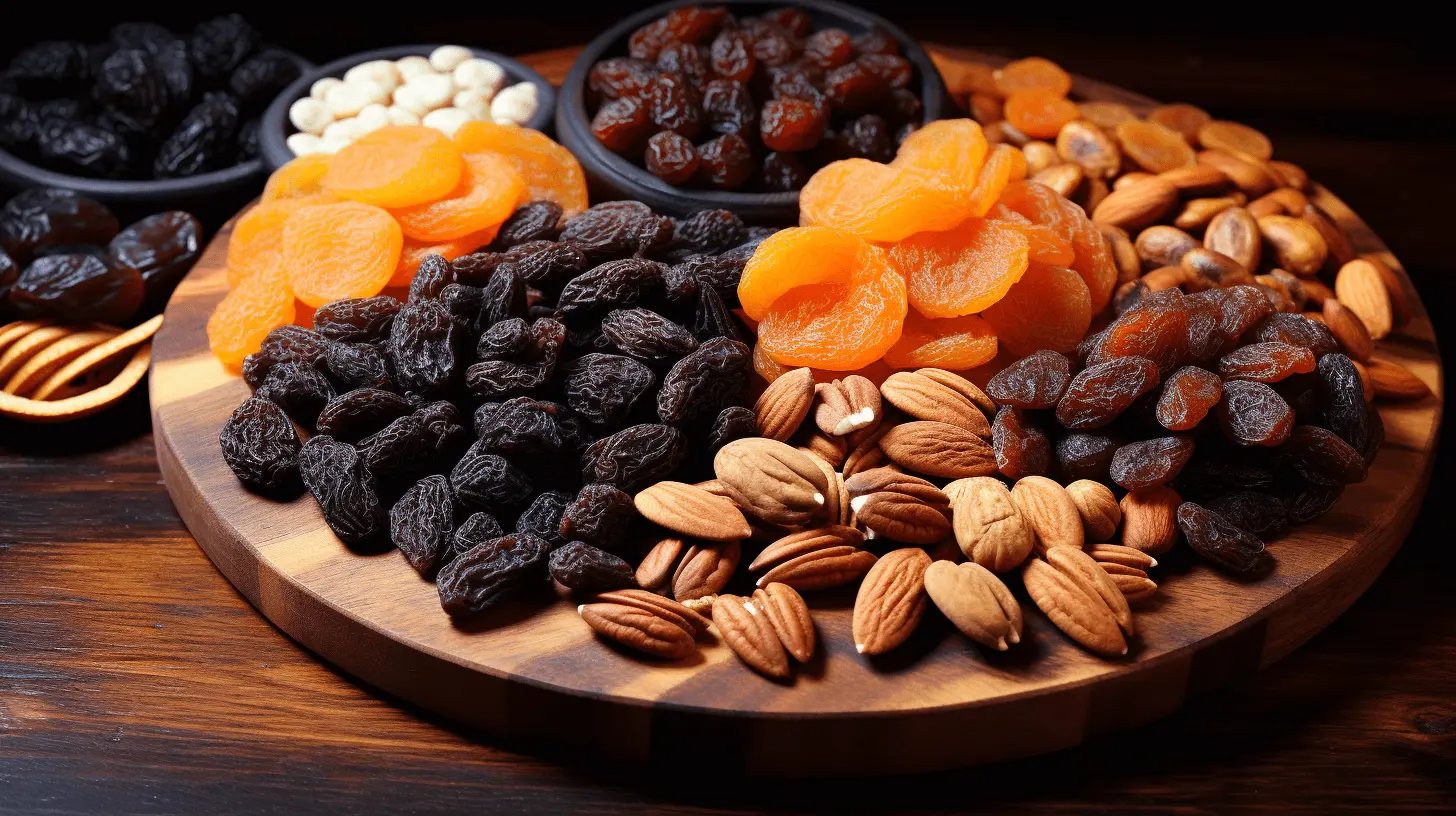 a wooden plate containing different dry fruits including almonds, dates, prunes, figs, apricots etc